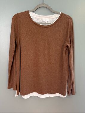 J.Jill Layered Cotton Long Sleeve Top Brown White Women’s Small Everyday Basic